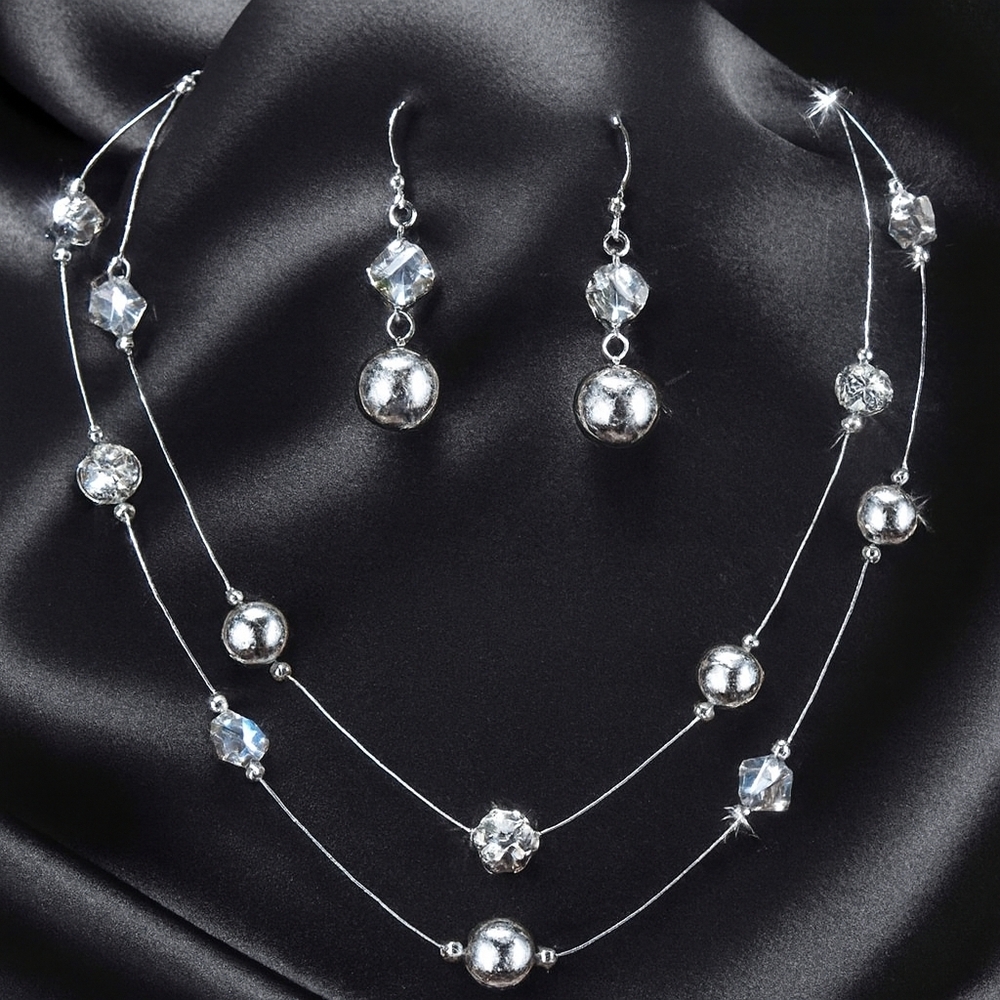 Layered Shimmering Silver-tone Crystal Ball Beaded Necklace & Matching Earrings